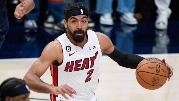 Heat guard Gabe Vincent dribbles during Game 2 of NBA Finals
